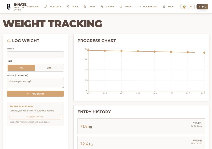 Weight tracking with a one-tap kg / lbs unit toggle and progress chart