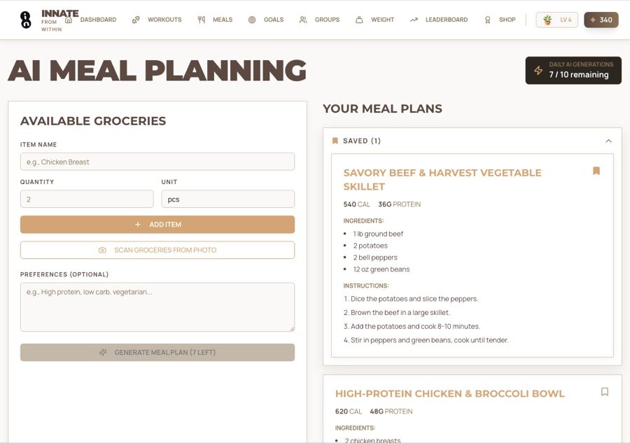AI meal planning: numbered cooking steps and a collapsible Saved plans panel
